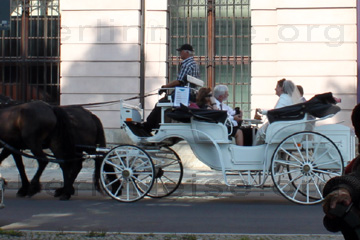 Ein frisch vermähltes Paar bei der Fahrt in der weißen Hochzeitskutsche durch Berlin.