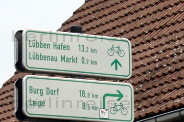 Radwege im Spreewald mit Angabe der Entfernungen in Kilometer gemessen.